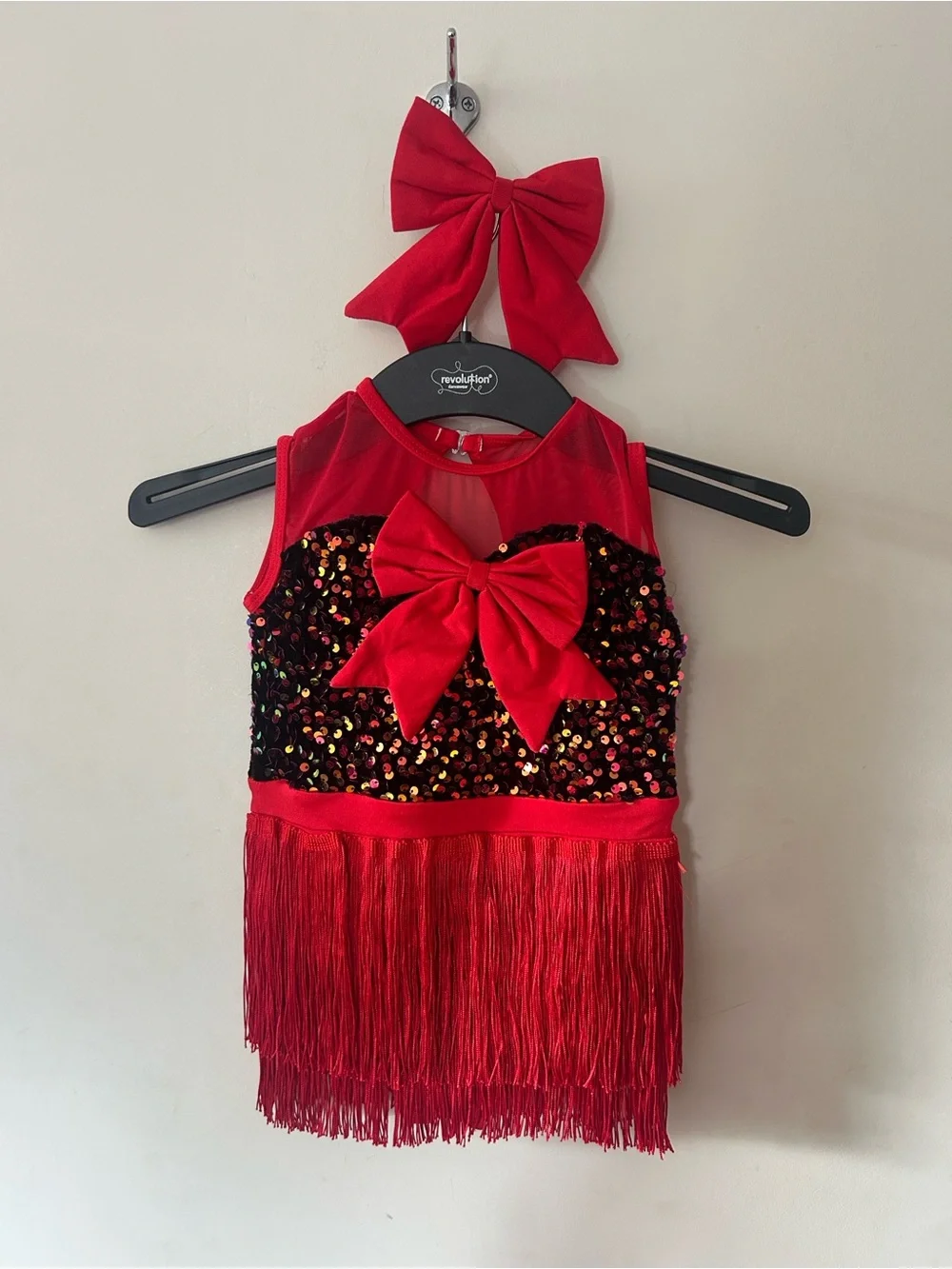 Revolution Red Sequin Fringe Dance Costume with Bow